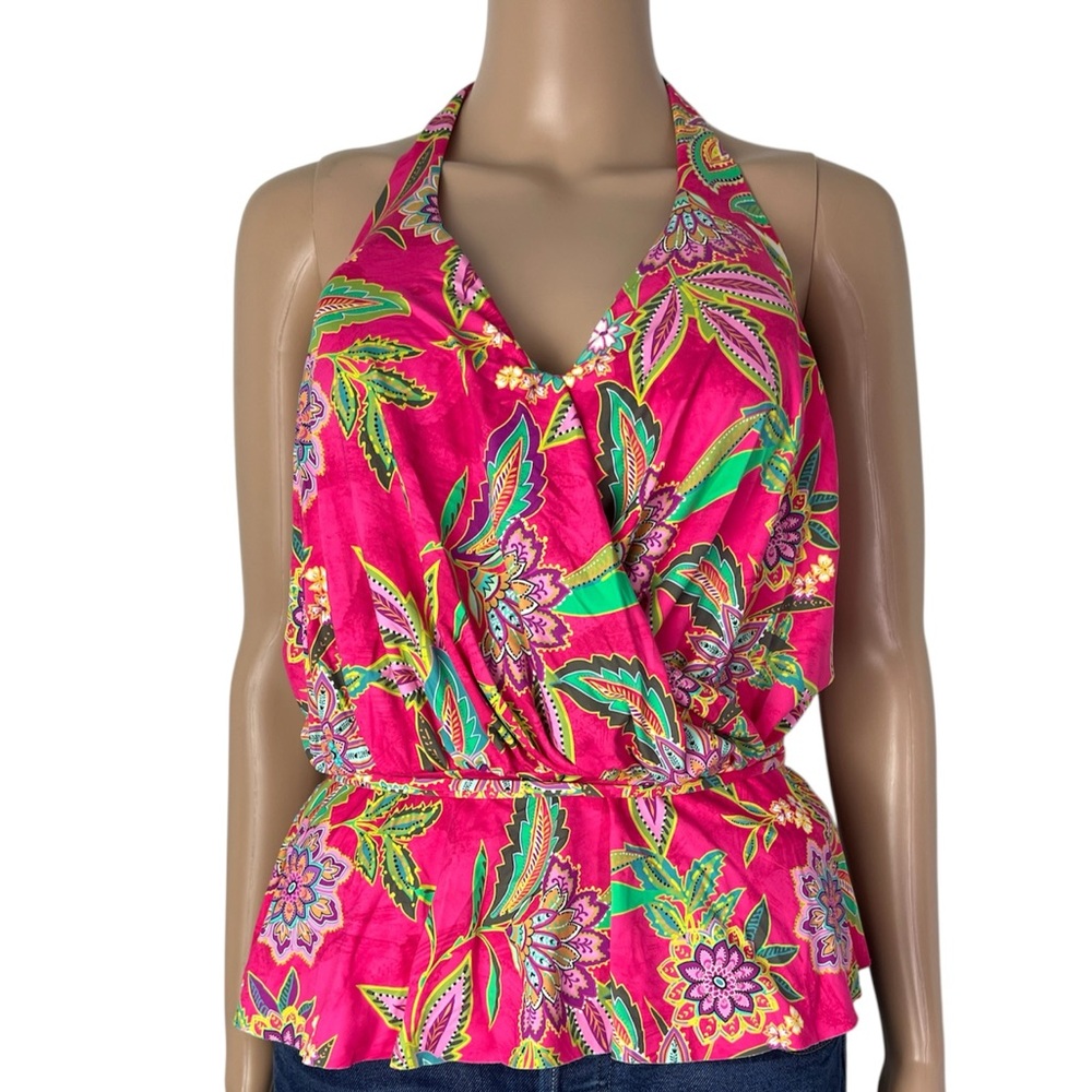Johnny Was Flamingo Tankini Halter Floral Tropical Print Swim Top